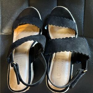 LC Lauren Conrad Black Suede Scalloped Espadrille Wedges